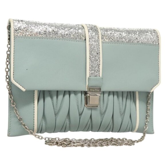Authentic Miu Miu Matelasse Chain Shoulder Bag Leather Light Blue Silver